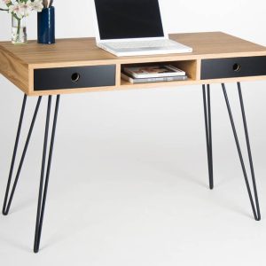 KUUB – Home office desk, industrial small table, bureau, with black drawers, mid century modern, oak wood, steel / metal hairpin legs