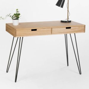 HEIM – Minimalist desk, dressing table, bureau, small computer table, mid century modern, oak wood, steel / metal hairpin legs