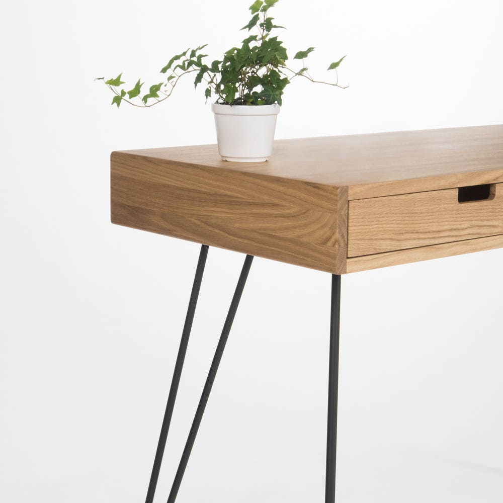 HEIM – Minimalist desk, dressing table, bureau, small computer table, mid century modern, oak wood, steel / metal hairpin legs - Image 2