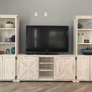 Bradenton Farmhouse Entertainment Center – Rustic TV Stand with Bookcases | Large Media Console | Custom Wood Furniture