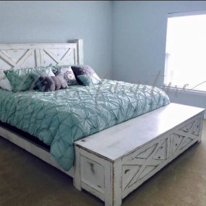 Yulee Wood Bed Frame with Storage | California King or King Size | Rustic Barn Door Style Bed | Solid Wood Platform Bed