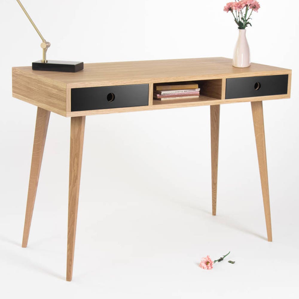 KUUB – Office table, small desk, bureau, with black drawers, mid century modern, oak wood, customized size and finish