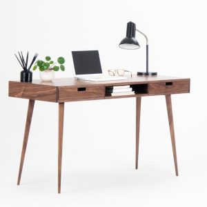 HEIM – Desk for office, mid-century computer desk with two drawers and a recess