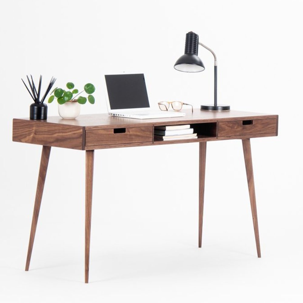 HEIM – Desk for office, mid-century computer desk with two drawers and a recess