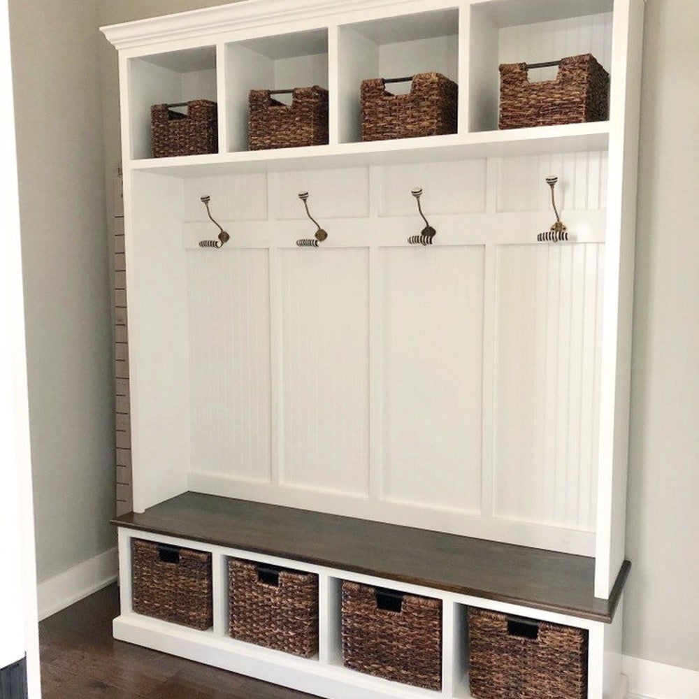 Pennsylvania Entryway Bench | 4-Section Mudroom Hall Tree with Shoe Storage | Farmhouse Mud Bench Organizer | Custom Mudroom Bench