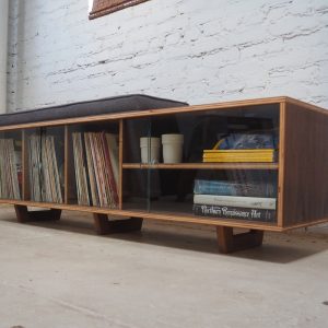 Cat Proof Lo-Fi Vinyl LP Storage bench with Mid Century Modern Stylings