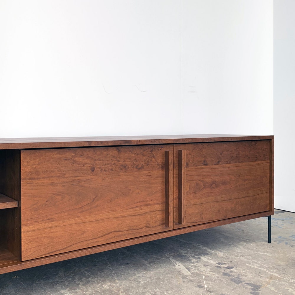 Kasse Credenza / Media Console - Solid Cherry - Teak Finish - 75"- Sliding Doors - Metal Legs - In Stock! - Image 4