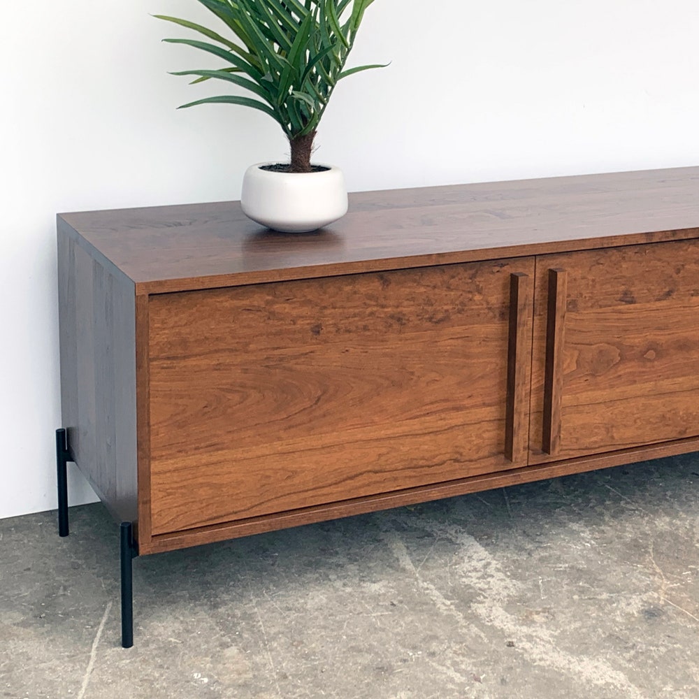 Kasse Credenza / Media Console - Solid Cherry - Teak Finish - 75"- Sliding Doors - Metal Legs - In Stock! - Image 5