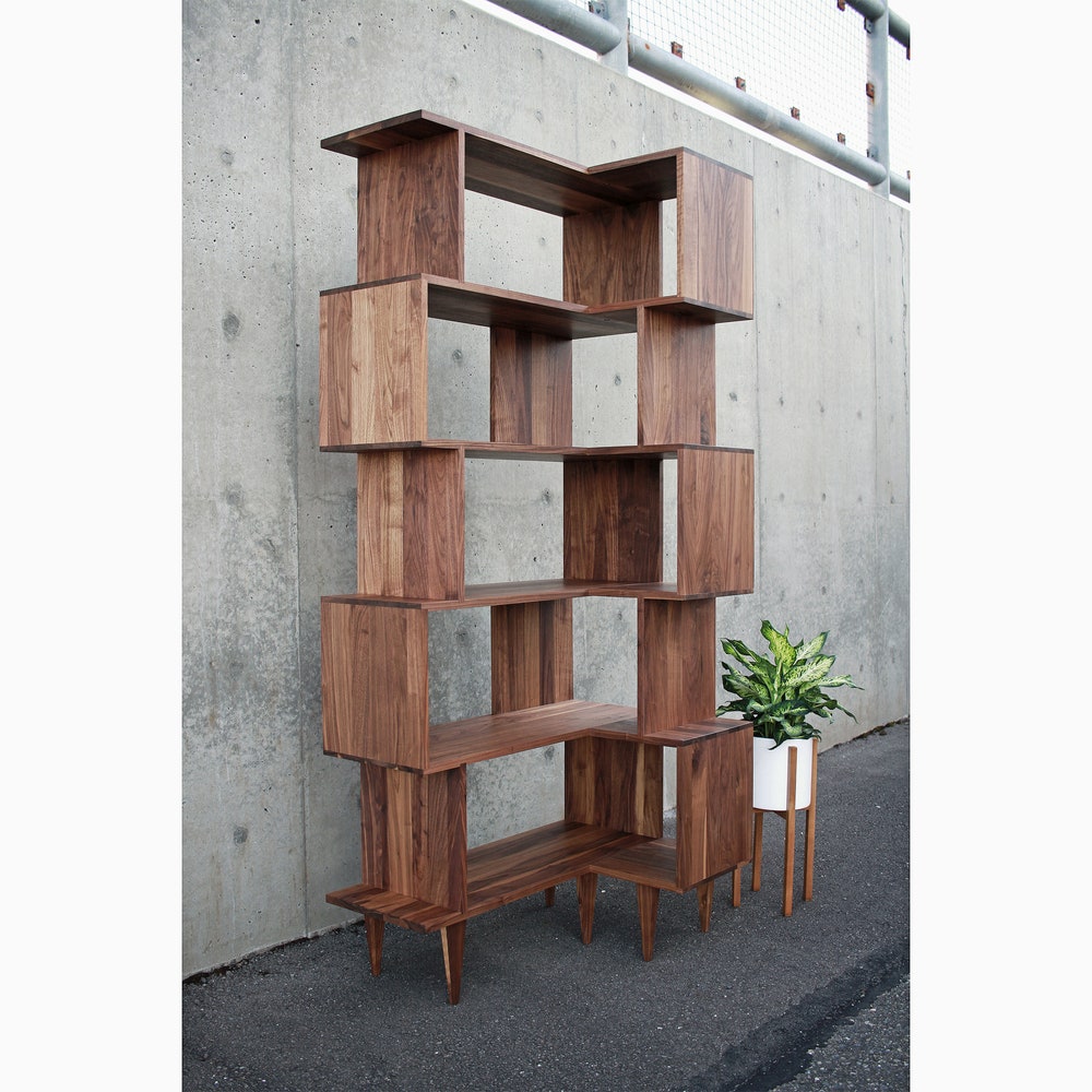 Corner Omni OFFSTACK Bookcase, 36"W, 24"D, Modern Vinyl LP Storage, Geometric Record Storage, Corner Bookshelf (Shown in Walnut)