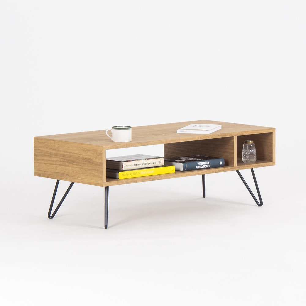 KUUB – Modern coffee table, media console, entertainment center, made of oak wood, hairping legs