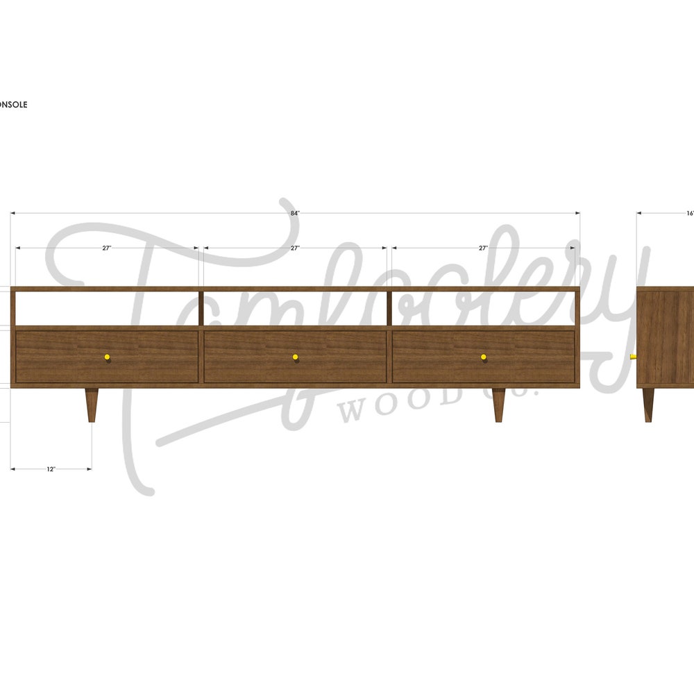 Brooklyn Media Console, 3 Drawer, 84"W, Mid Century TV Credenza, Modern TV Console, Solid Hardwood Credenza (Shown in Walnut) - Image 8