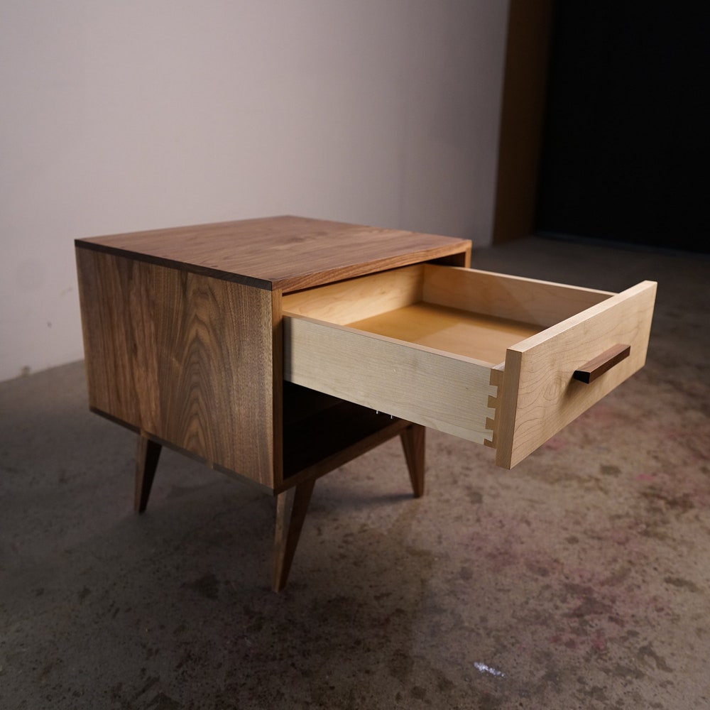 Moline Nightstand, Mid Century Nightstand with Drawer, Solid Hardwood Modern Side Table (Shown in Walnut + Maple) - Image 4