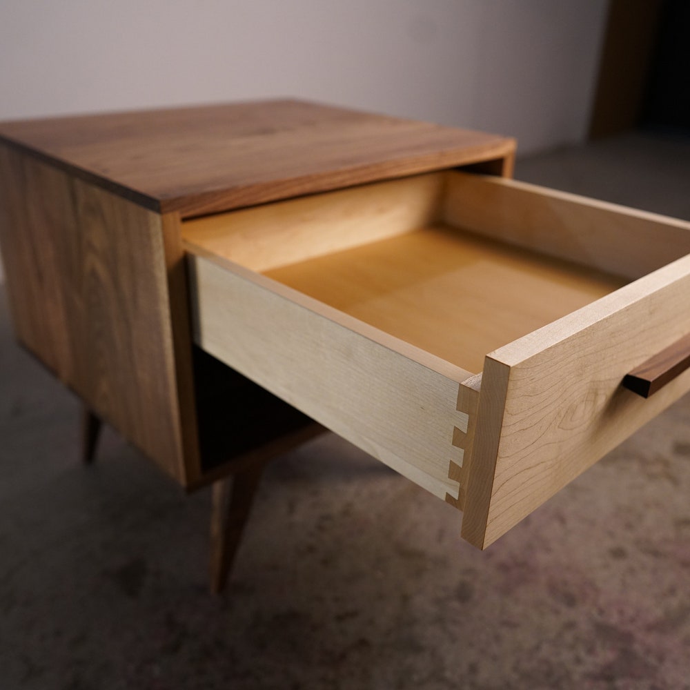 Moline Nightstand, Mid Century Nightstand with Drawer, Solid Hardwood Modern Side Table (Shown in Walnut + Maple) - Image 5