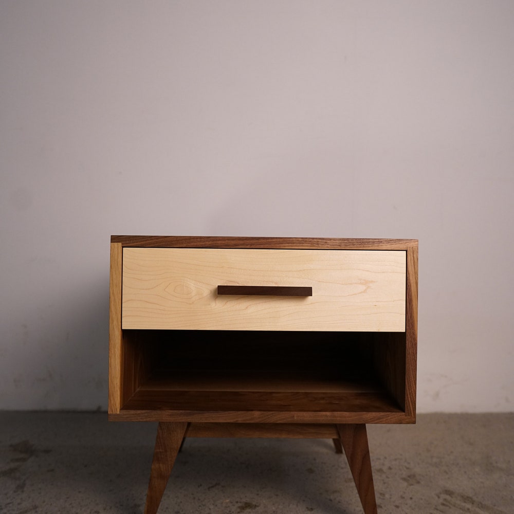Moline Nightstand, Mid Century Nightstand with Drawer, Solid Hardwood Modern Side Table (Shown in Walnut + Maple) - Image 6