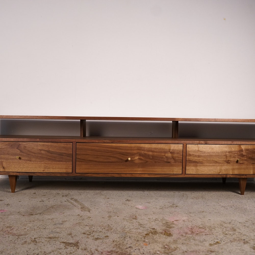 Brooklyn Media Console, 3 Drawer, 84"W, Mid Century TV Credenza, Modern TV Console, Solid Hardwood Credenza (Shown in Walnut) - Image 2