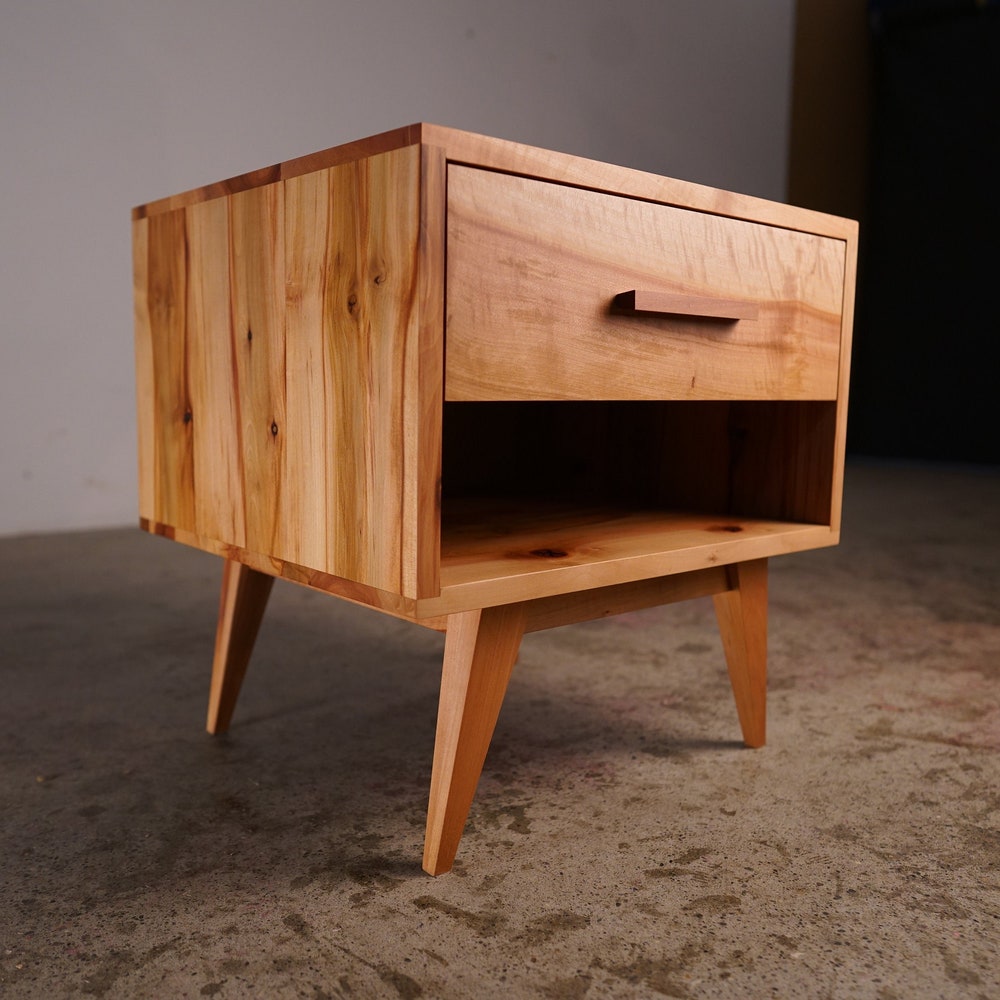 Moline Nightstand, Mid Century Nightstand with Drawer, Solid Hardwood Modern Side Table (Shown in Madrone)