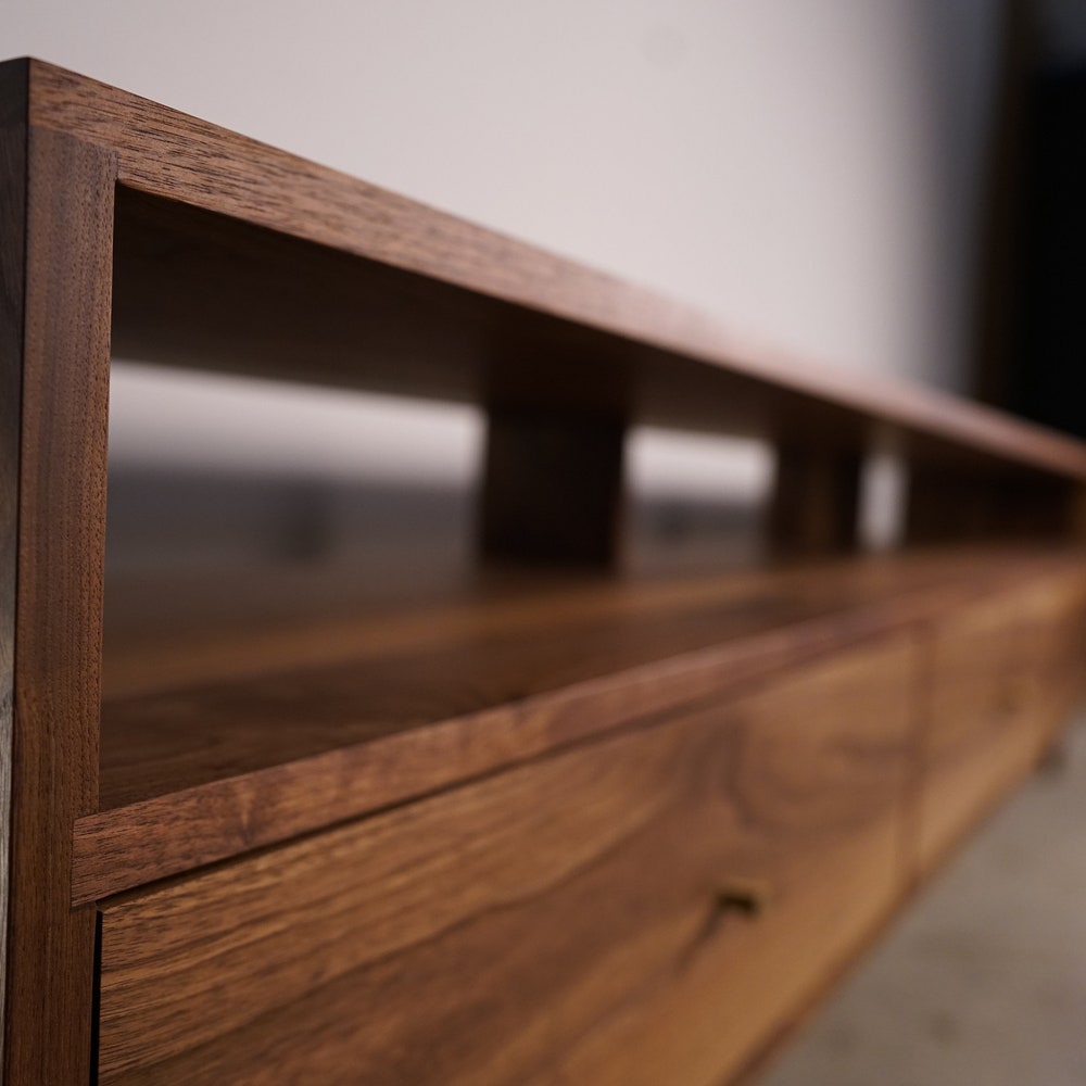 Brooklyn Media Console, 3 Drawer, 84"W, Mid Century TV Credenza, Modern TV Console, Solid Hardwood Credenza (Shown in Walnut) - Image 5