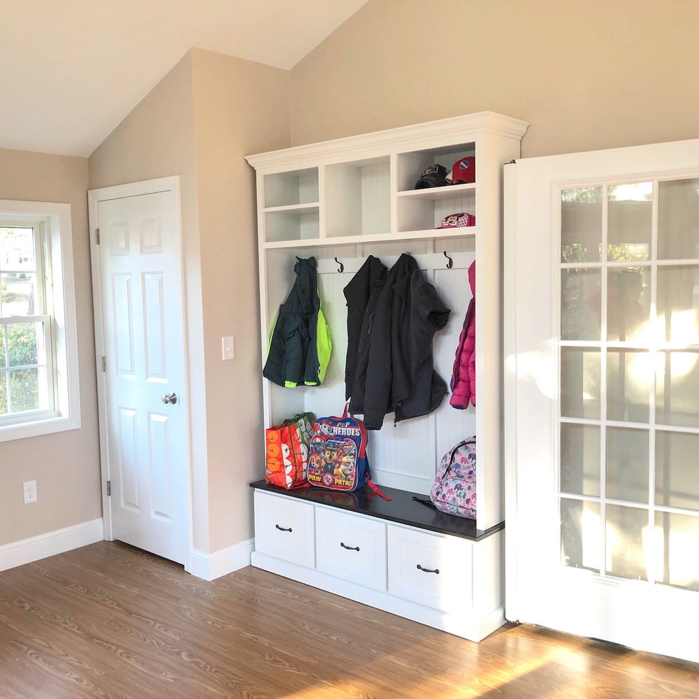 Midland Entryway Bench with Shoe Storage | 3-Section Mudroom Organizer | Custom Wood Hallway Bench with Cubbies | Mudroom Bench