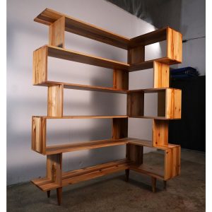 Corner Omni OFFSTACK Bookcase, Mid-Century Vinyl LP Shelf, Modern Record Storage, Geometric Shelf (Shown in Madrone)