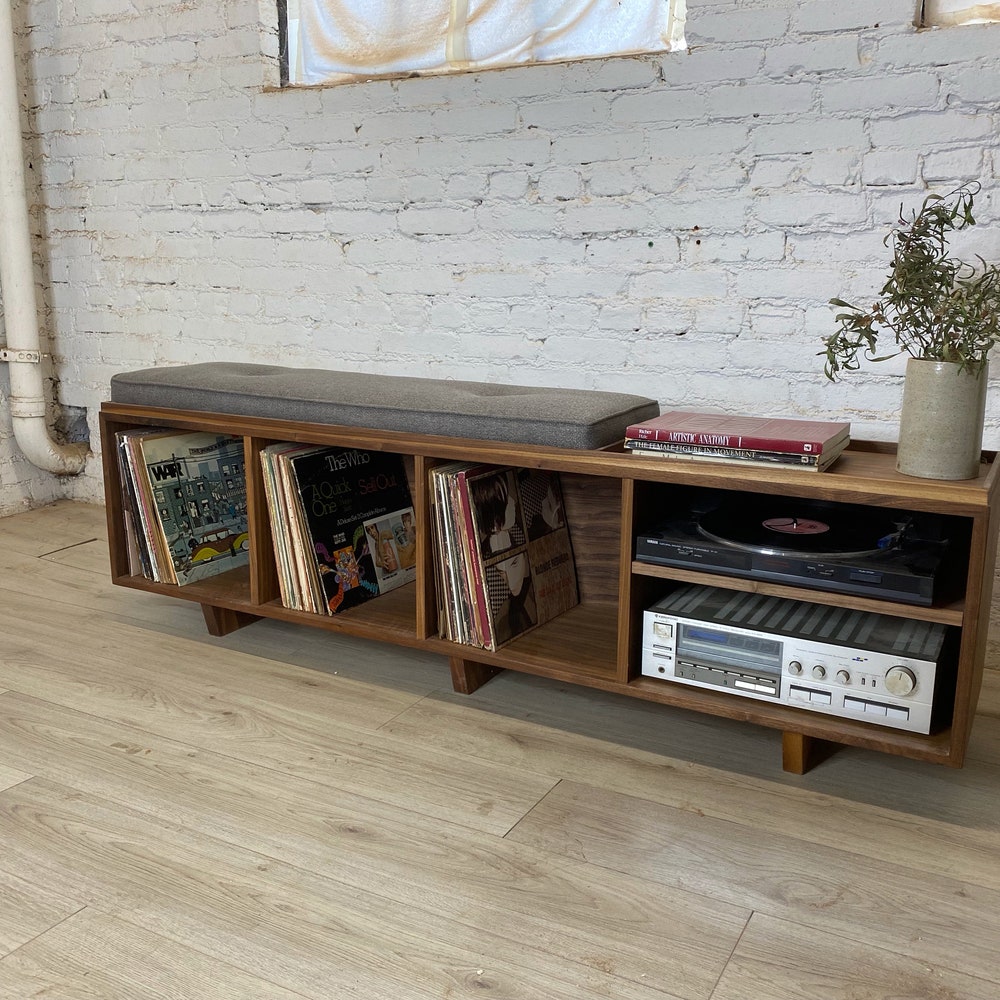 HIFI Vinyl Storage Bench with Component Shelf (with Mid Century Modern Stylings) - Image 3