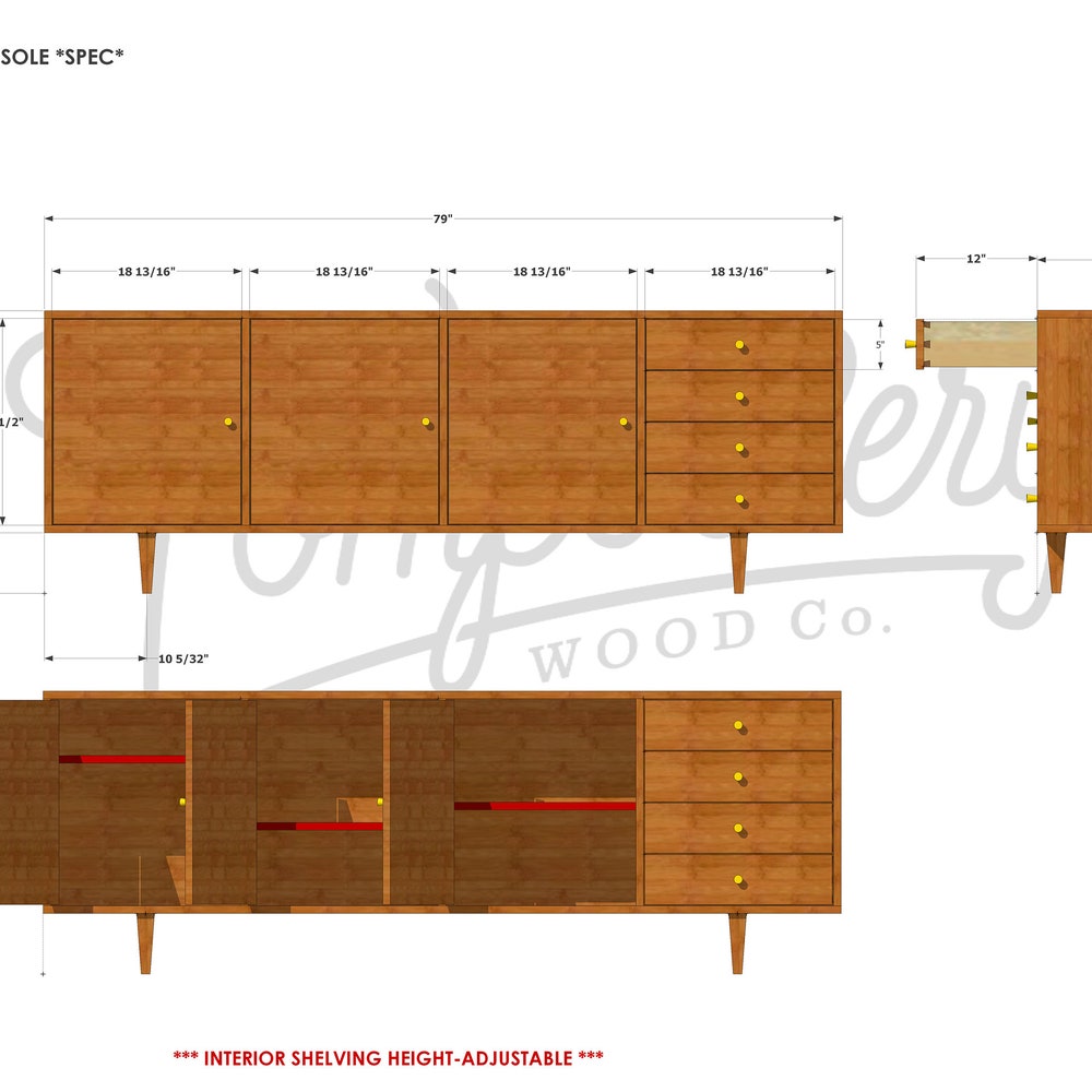 Danish Modern Console, Mid-Century Modern Credenza, Modern Sideboard, Solid Wood Sideboard (Shown in Cherry) - Image 8