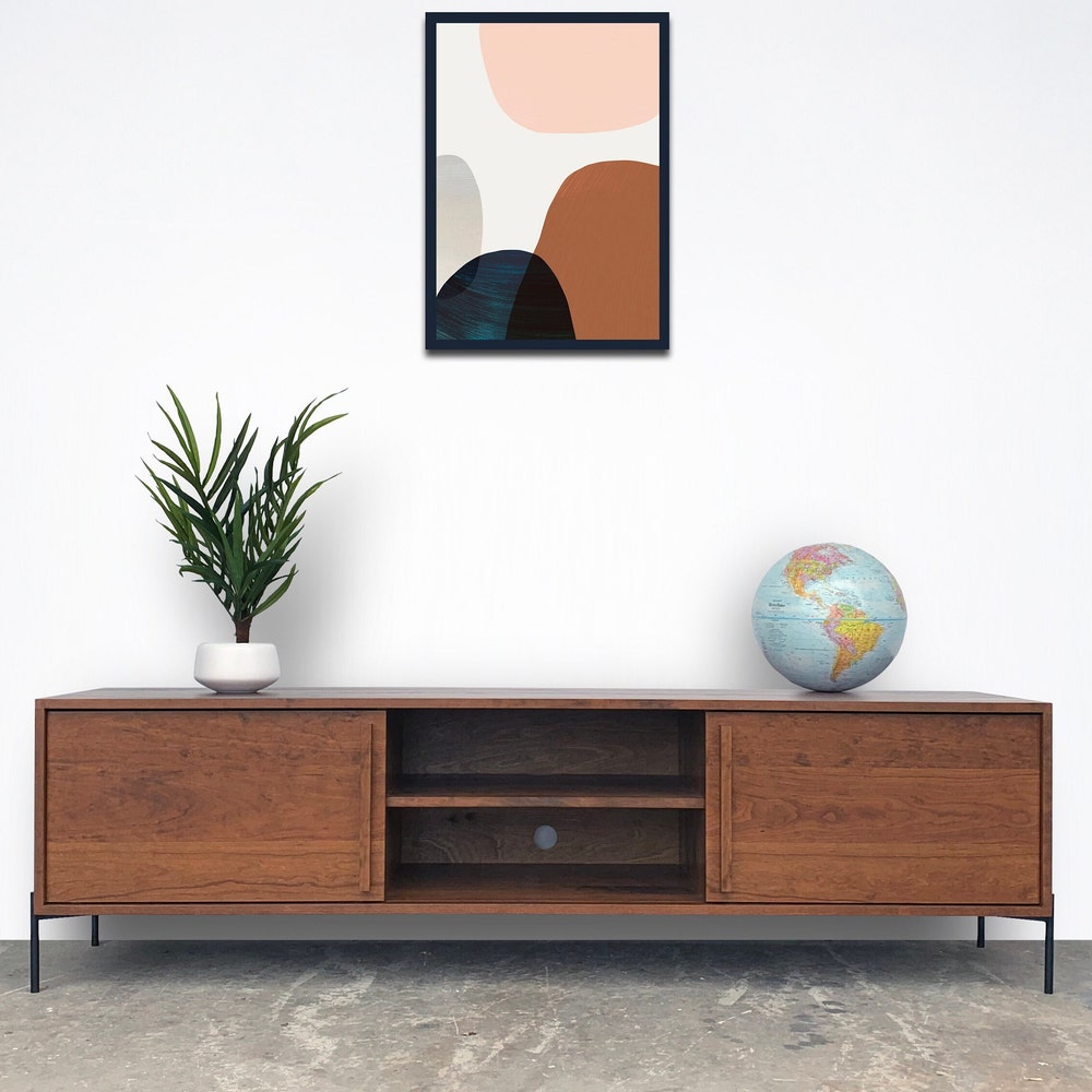 Kasse Credenza / Media Console - Solid Cherry - Teak Finish - 75"- Sliding Doors - Metal Legs - In Stock!