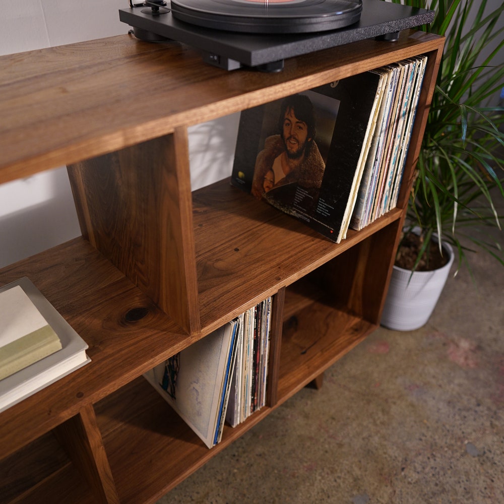 Couzens Vinyl LP Console, 45"W, Bookcase, Vinyl Storage, Mid-Century Modern, Record Player Console (Shown in Walnut) - Image 4