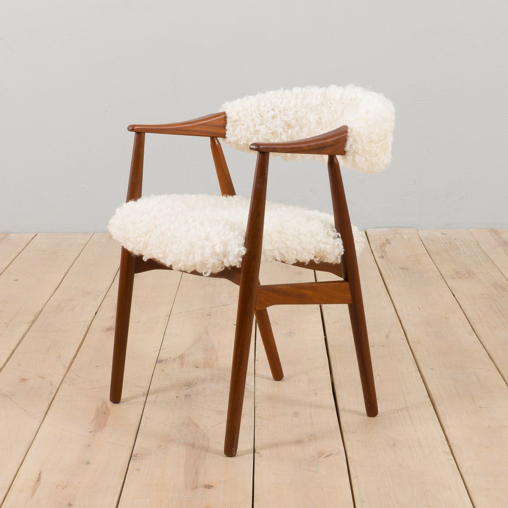 Th. Herlev, Farstrup solid teak chair in natural sheepskin upholstery, Denmark 1960s.