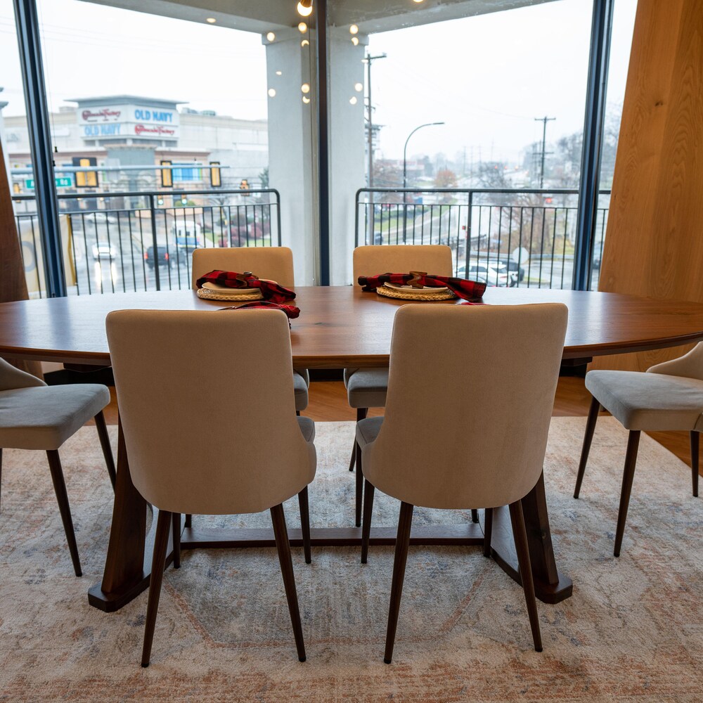 The Quinn Oval Walnut Dining Table, Wooden Dining Table, Oval Kitchen Table, Oval Family Table, Table with Wooden Base, Rounded Dining Table - Image 9