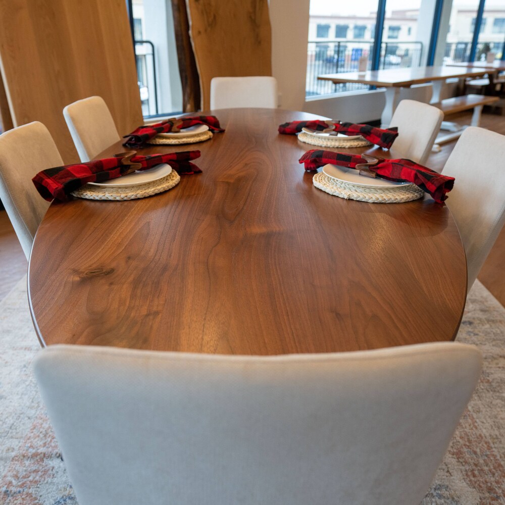 The Quinn Oval Walnut Dining Table, Wooden Dining Table, Oval Kitchen Table, Oval Family Table, Table with Wooden Base, Rounded Dining Table - Image 11