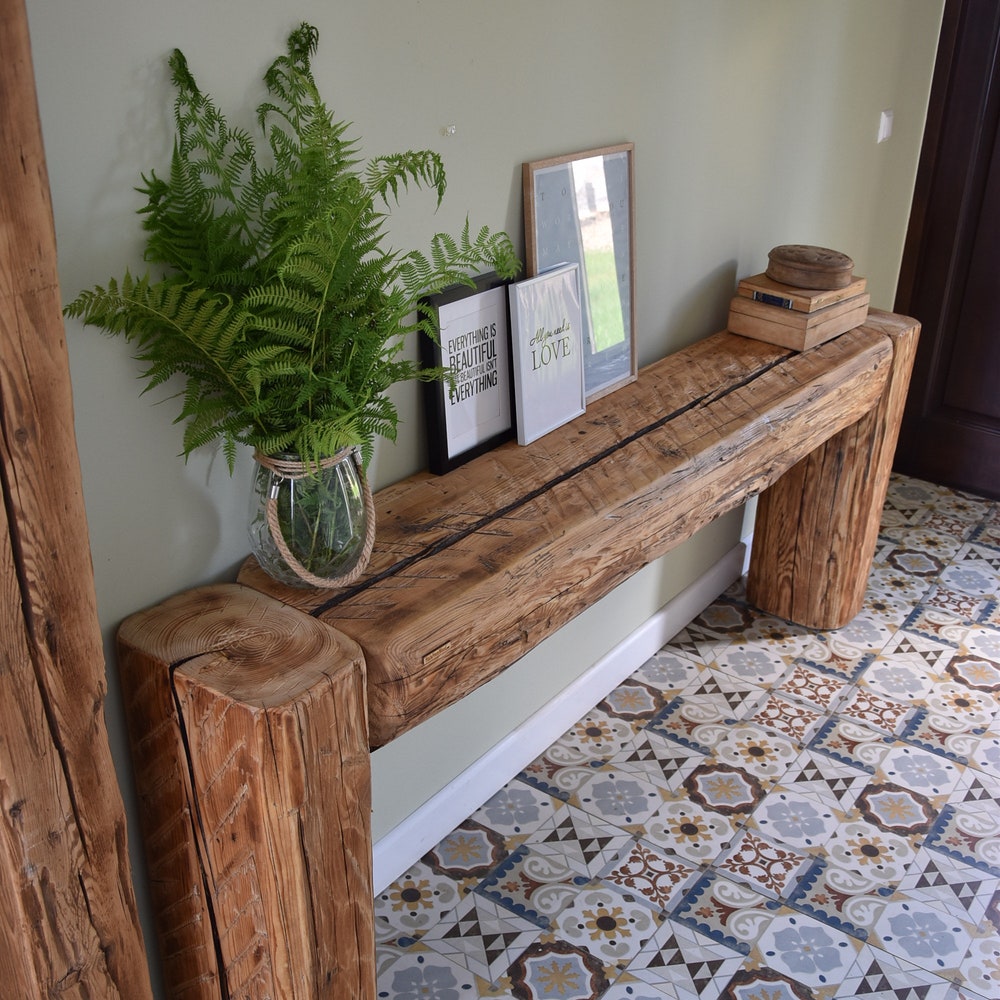 Old beam console table unique old wood rustic style table loft organic reclaimed barn wood entryway table solid pine wood MFW design - Image 2