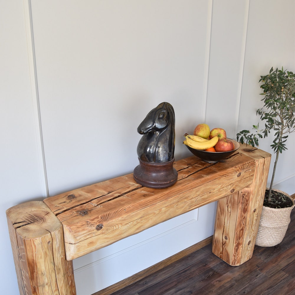 Old beam console table unique old wood rustic style table loft organic reclaimed barn wood entryway table rough wood natural rustic MFW - Image 2
