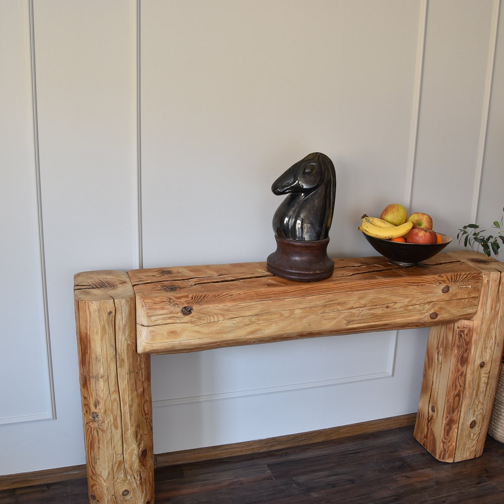 Old beam console table unique old wood rustic style table loft organic reclaimed barn wood entryway table rough wood natural rustic MFW - Image 5