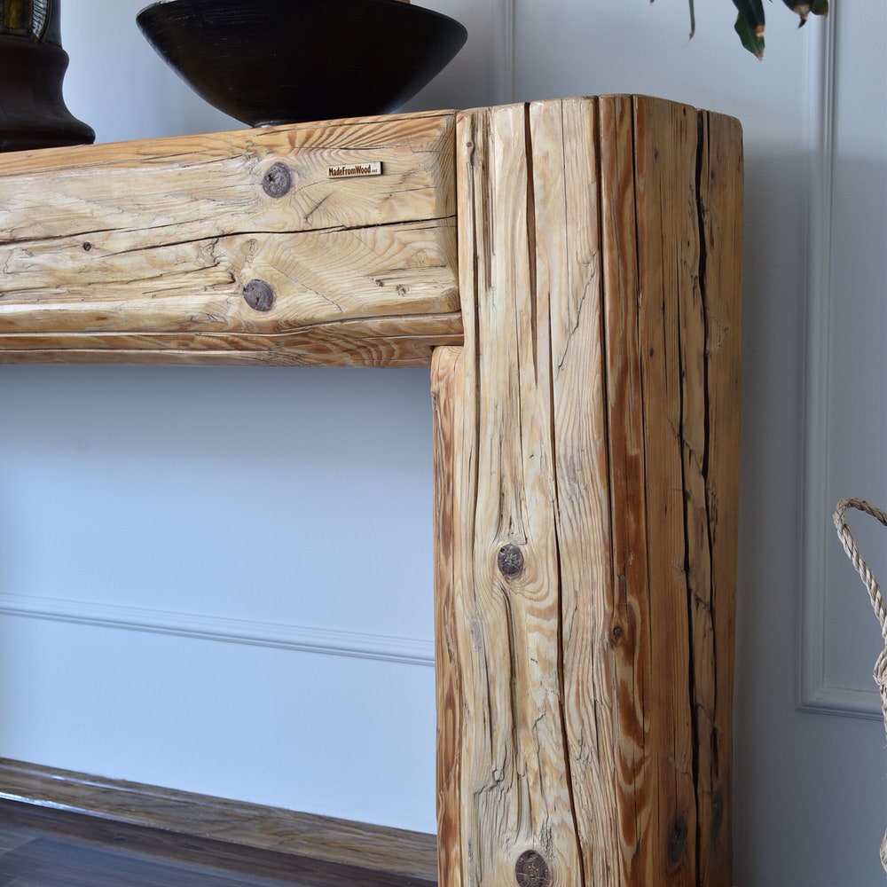 Old beam console table unique old wood rustic style table loft organic reclaimed barn wood entryway table rough wood natural rustic MFW - Image 8