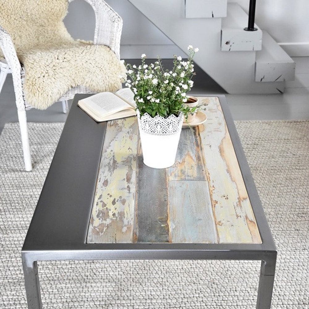 Old barn wood coffee table rustic style organic planks wood reclaimed solid wood white blue gray silver steel table loft modern contry MFW - Image 6