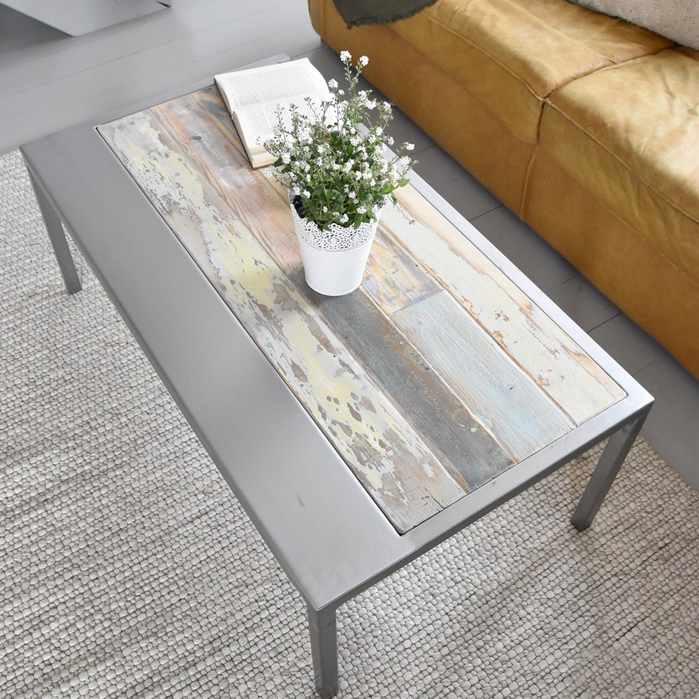 Old barn wood coffee table rustic style organic planks wood reclaimed solid wood white blue gray silver steel table loft modern contry MFW - Image 4