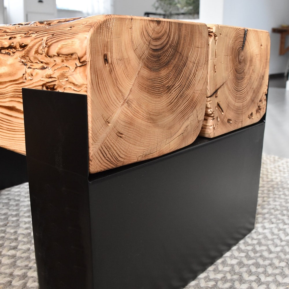 Old barn wood coffee table black steel legs rustic industrial loft style organic planks modern country reclaimed solid massive table MFW - Image 7