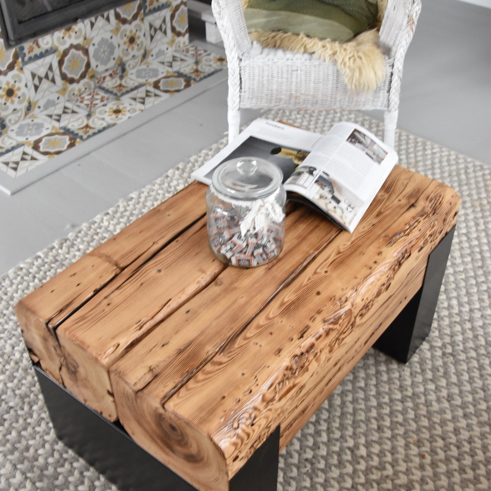 Old barn wood coffee table black steel legs rustic industrial loft style organic planks modern country reclaimed solid massive table MFW - Image 3