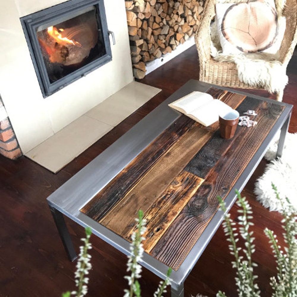 Old barn wood coffee table silver legs organic planks dark brown wood reclaimed solid wood steel legs loft end table industrial style MFW - Image 2