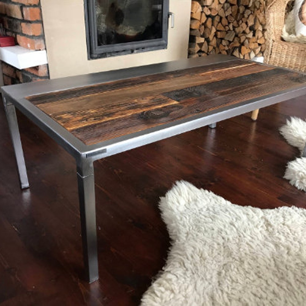 Old barn wood coffee table silver legs organic planks dark brown wood reclaimed solid wood steel legs loft end table industrial style MFW - Image 6