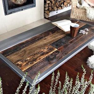 Old barn wood coffee table silver legs organic planks dark brown wood reclaimed solid wood steel legs loft end table industrial style MFW