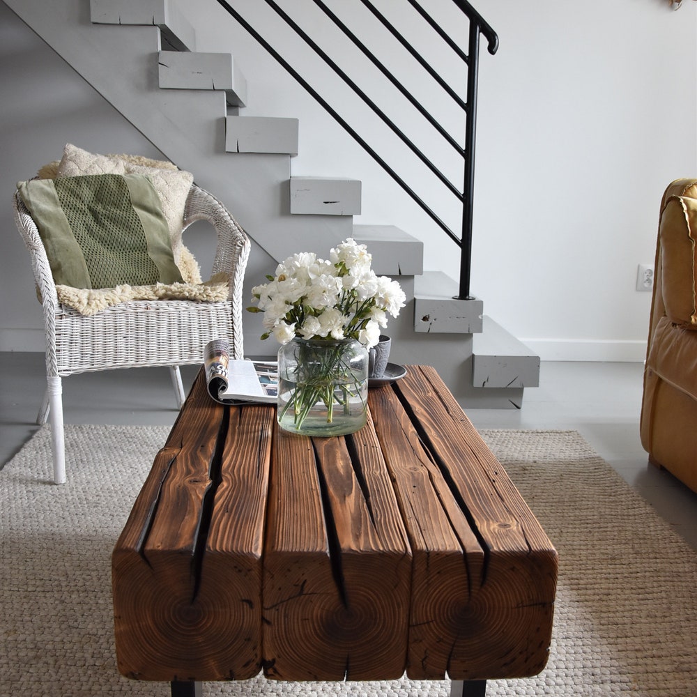 Old beams coffee table, black metal legs. Rustic style organic barn wood reclaimed solid dark wood and steel legs massive table MFWdesign - Image 4