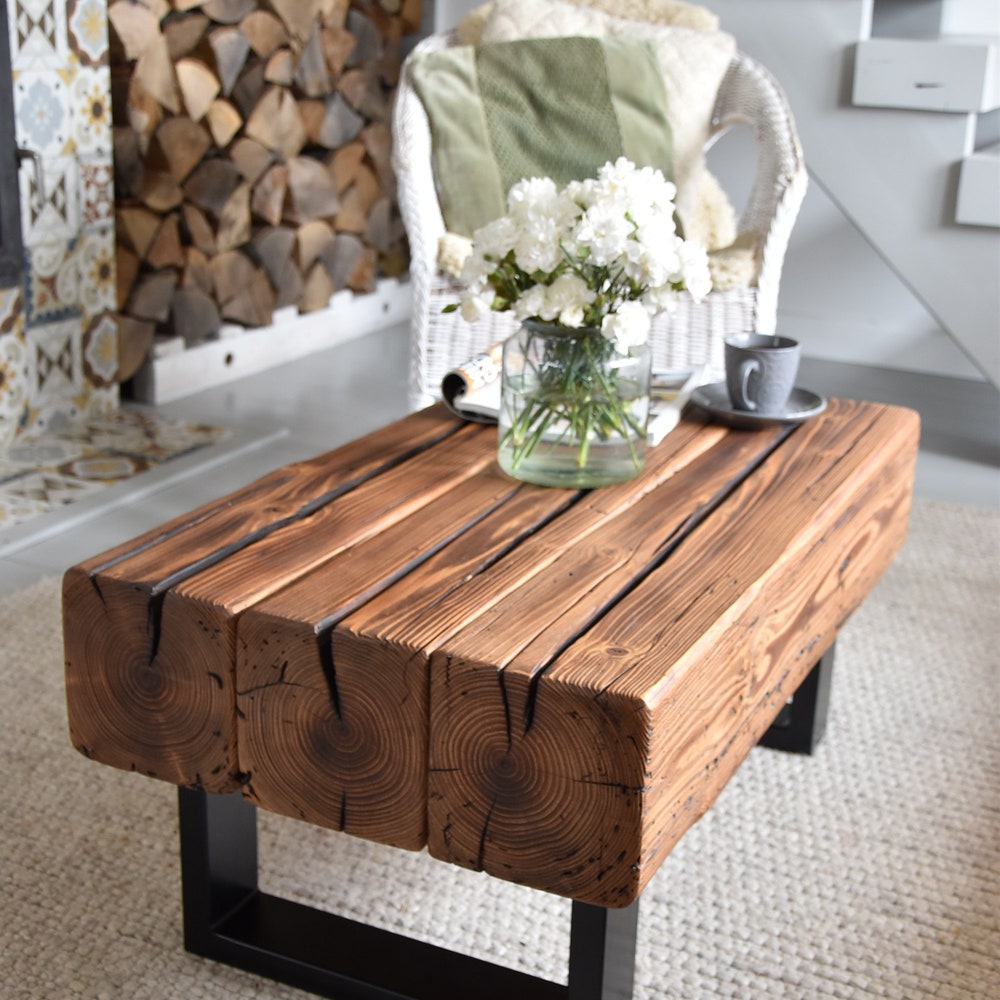 Old beams coffee table, black metal legs. Rustic style organic barn wood reclaimed solid dark wood and steel legs massive table MFWdesign - Image 3