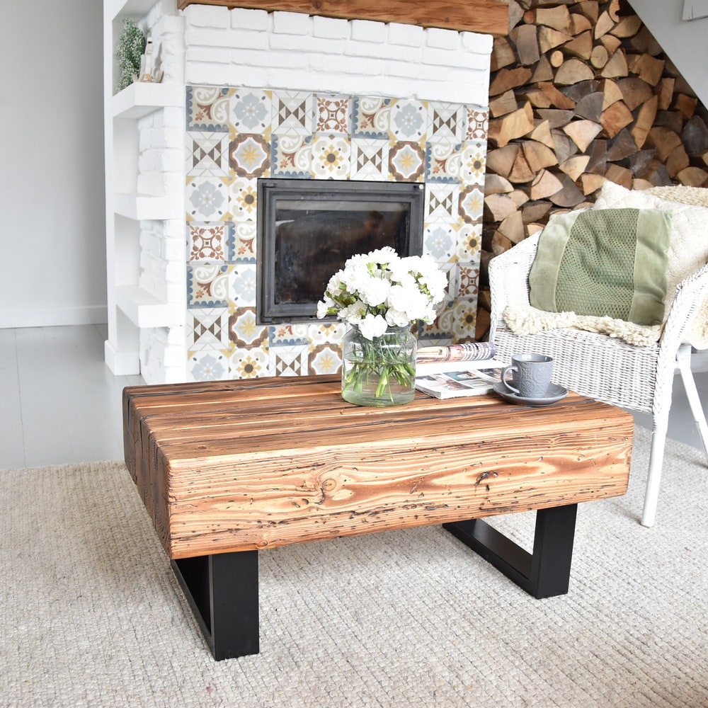 Old beams coffee table, black metal legs. Rustic style organic barn wood reclaimed solid dark wood and steel legs massive table MFWdesign - Image 2