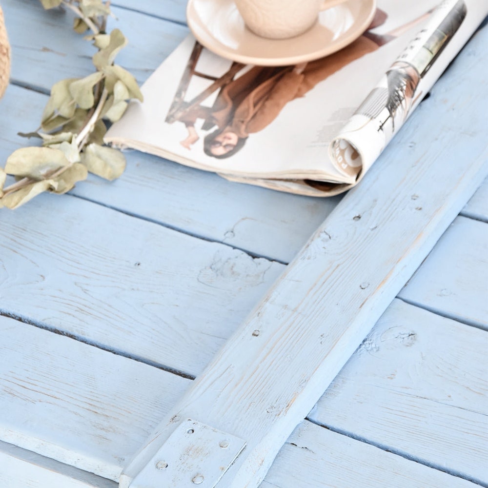 Old pastel blue chest army box coffee table rustic chic style organic country barn wood reclaimed solid wood on wheles massive table MFW - Image 6