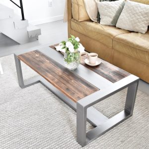 Old barn wood coffee table silver steel legs loft modern country style organic planks wood reclaimed solid dark wood with steel table MFW