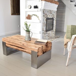 Old beams coffee table silver steel thick legs rustic style organic barn reclaimed solid light wood massive table loft modern natural MFW