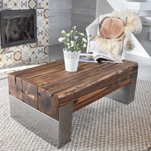 Old beams coffee table silver legs rustic style organic barn wood reclaimed solid wood steel massive table dark brown table thick beams MFW