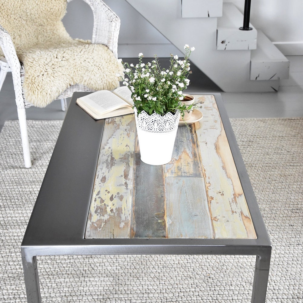 Old barn wood coffee table rustic style organic planks wood reclaimed solid wood white blue gray silver steel table loft modern contry MFW - Image 2