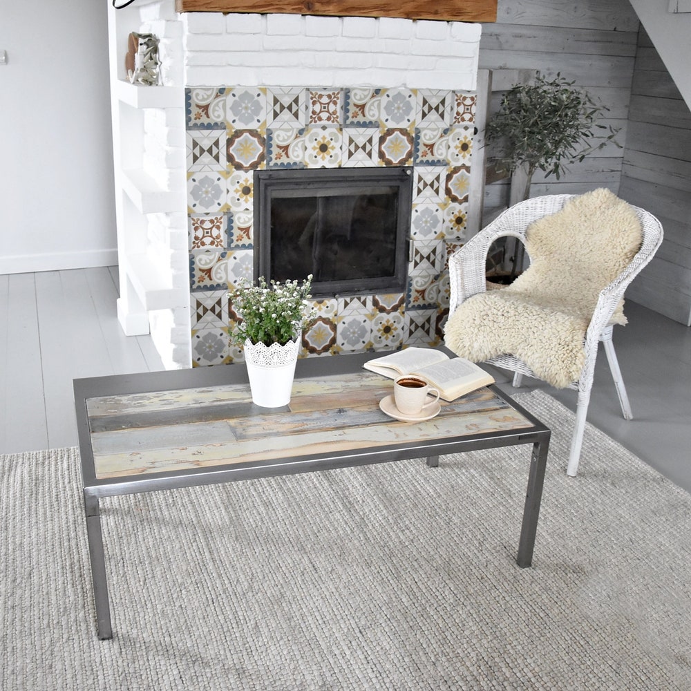 Old barn wood coffee table rustic style organic planks wood reclaimed solid wood white blue gray silver steel table loft modern contry MFW - Image 7